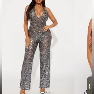 Fashion Nova Silver Sequin Jumpsuit